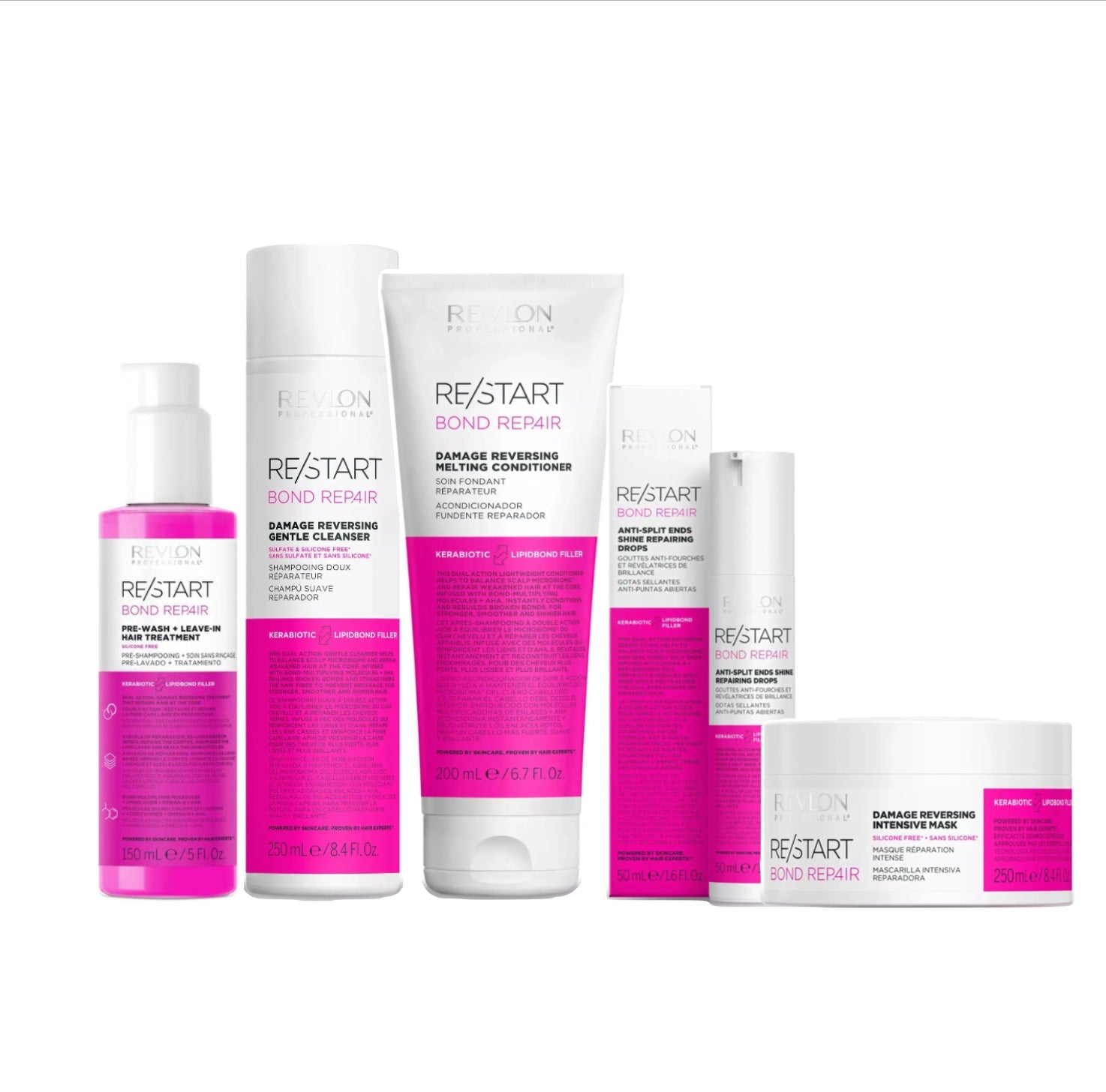 REVLON PROFESSIONAL RE/START BOND REPAIR DAMAGE REVERSING GENTLE CLEANSER 250ml & MELTING CONDITIONER 200ml & PRE-WASH + LEAVE-IN HAIR TREATMENT 150ml & ANTI-SPLIT ENDS SHINE REPAIRING DROPS 50ml &  INTENSIVE MASK 250ml - AtsiHairSupplies