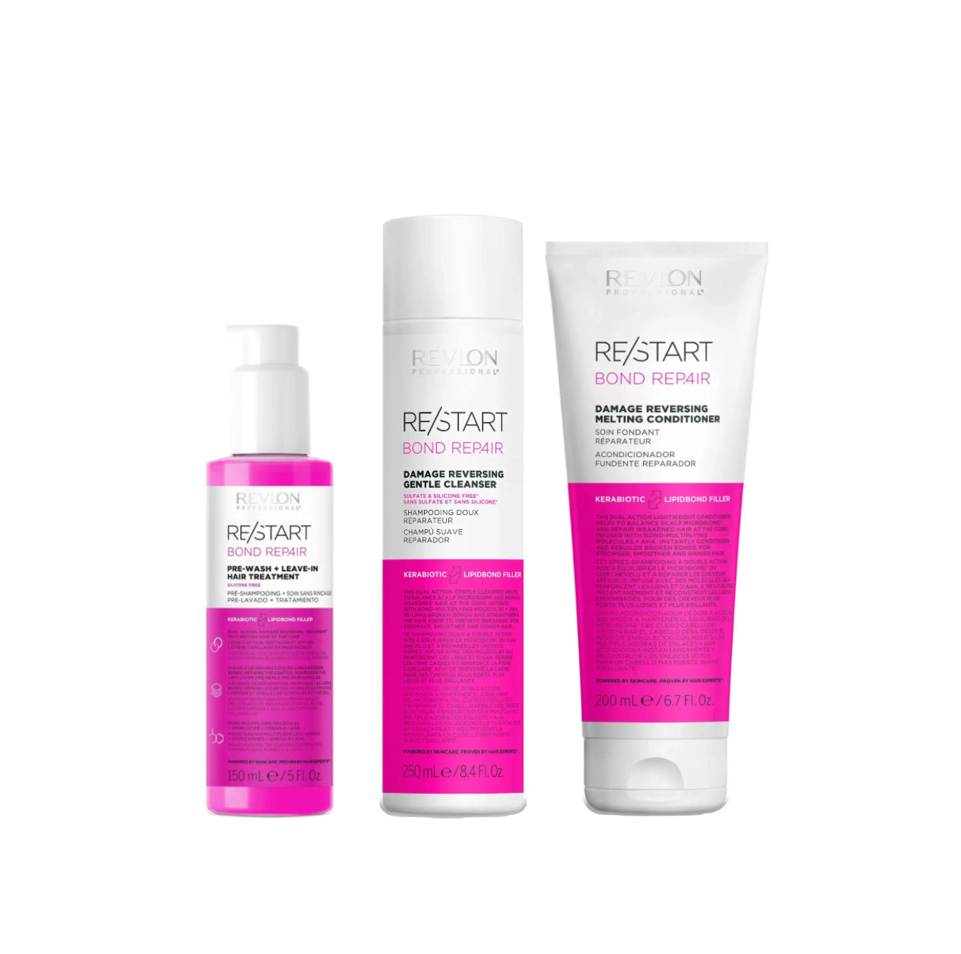 REVLON PROFESSIONAL RE/START BOND REPAIR DAMAGE REVERSING GENTLE CLEANSER 250ml & MELTING CONDITIONER 200ml & PRE-WASH + LEAVE-IN HAIR TREATMENT 150ml TRIO - AtsiHairSupplies