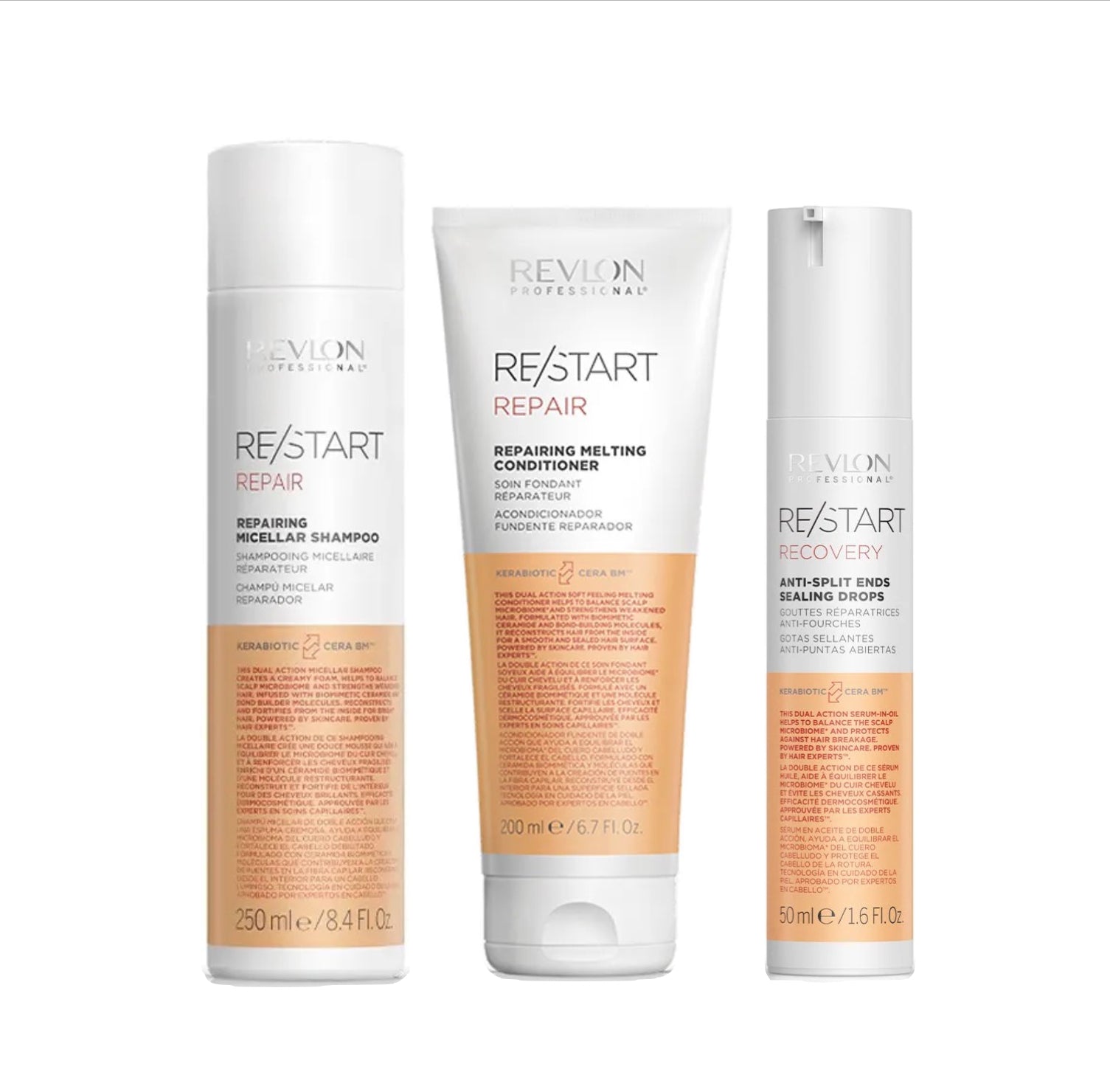 REVLON PROFESSIONAL RE/START™ REPAIR MICELLAR SHAMPOO 250ml & REPAIRING MELTING CONDITIONER 200ml & ANTI-SPLIT SEALING DROPS 50ml TRIO - AtsiHairSupplies