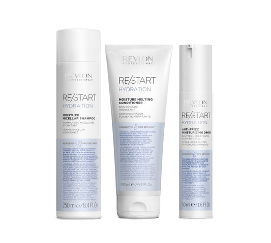 REVLON PROFESSIONAL RE/START™ HYDRATION MOISTURE MICELLAR SHAMPOO 250ml & MOISTURE MELTING CONDITIONER 200ml & ANTI-FRIZZ MOISTURIZING DROPS 50ml TRIO - AtsiHairSupplies
