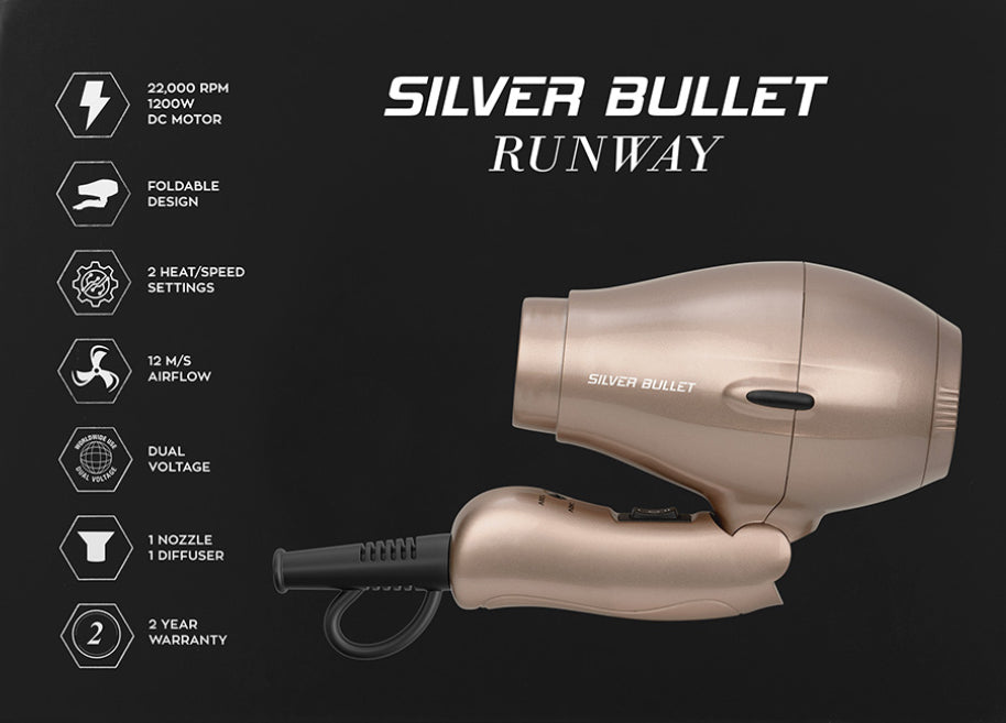 SILVER BULLET RUNWAY FOLDABLE MINI TRAVEL HAIR DRYER - AtsiHairSupplies