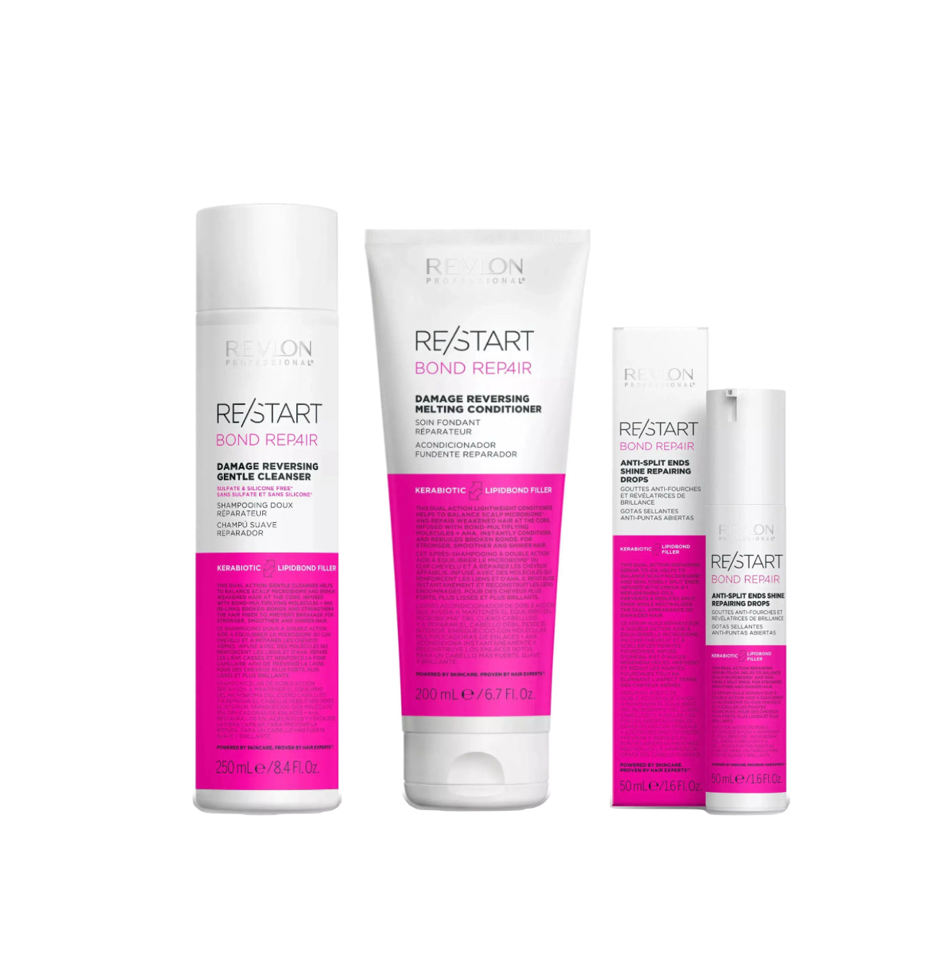 REVLON PROFESSIONAL RE/START BOND REPAIR DAMAGE REVERSING GENTLE CLEANSER 250ml & MELTING CONDITIONER 200ml & ANTI-SPLIT ENDS SHINE REPAIRING DROPS 50ml TRIO - AtsiHairSupplies