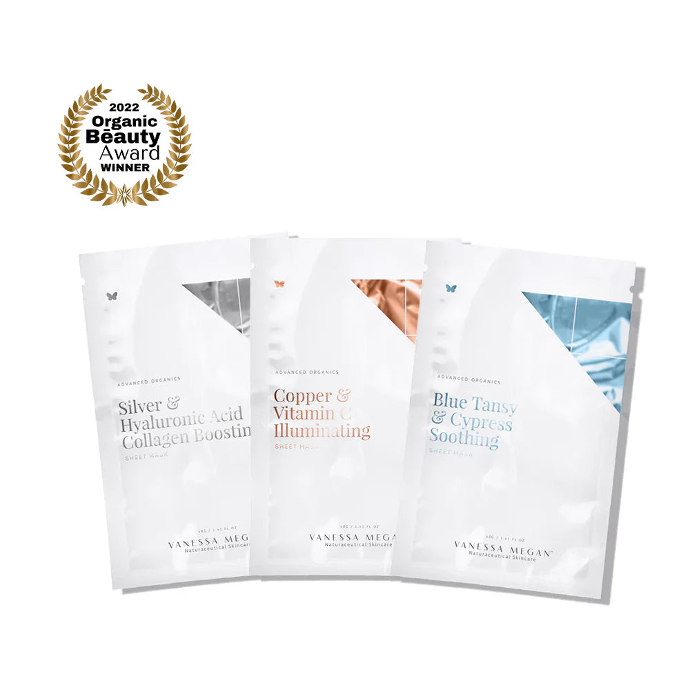 VANESSA MEGAN SILVER, COPPER & BLUE SHEET MASK TRIO - AtsiHairSupplies