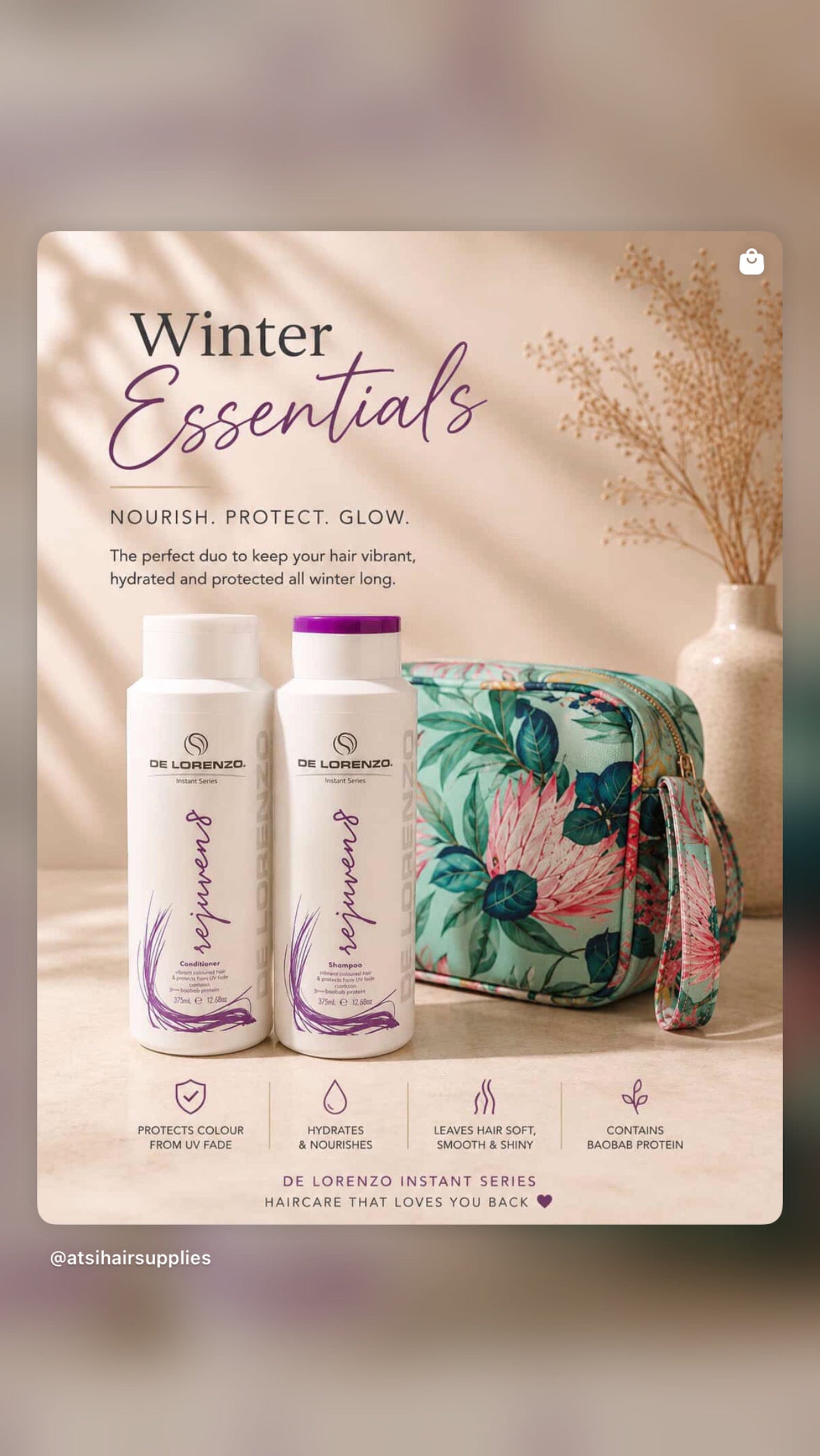DeLorenzo essentials packs Colour Protect Shampoo, Conditioner and a bag.