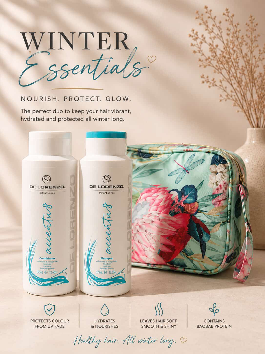 DeLorenzo essentials packs Volume Shampoo, Conditioner and recycled bag.