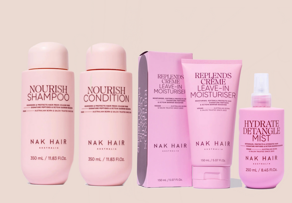 NAK NOURISH SHAMPOO AND CONDITIONER DUO + REPLENDS MOISTURE MASK + HYDRATE DETANGLE MIST - AtsiHairSupplies