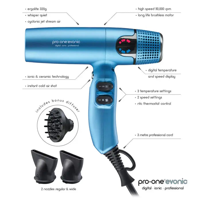 PRO-ONE EVONIC CYCLONIC JET STREAM AIR HAIRDRYER - BLUE - AtsiHairSupplies