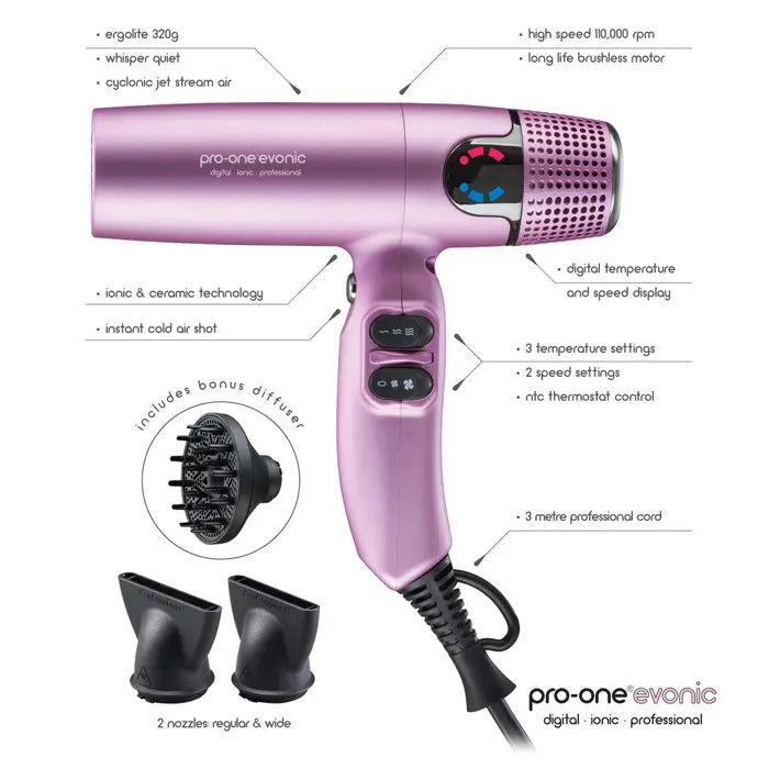 PRO-ONE EVONIC CYCLONIC JET STREAM AIR HAIRDRYER - PINK - AtsiHairSupplies