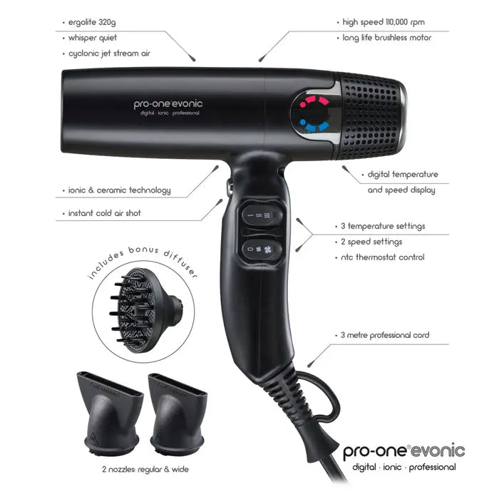 PRO-ONE EVONIC CYCLONIC JET STREAM AIR HAIRDRYER - BLACK - AtsiHairSupplies
