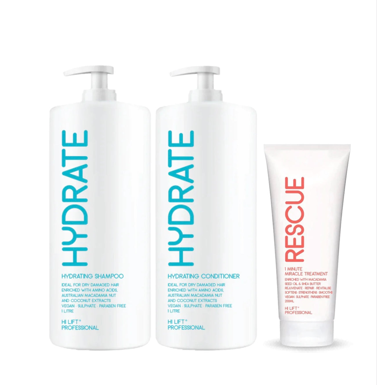 Hi Lift HYDRATE Shampoo & Conditioner & RESCUE Treatment Trio Pack 2x1L + 200ml - AtsiHairSupplies