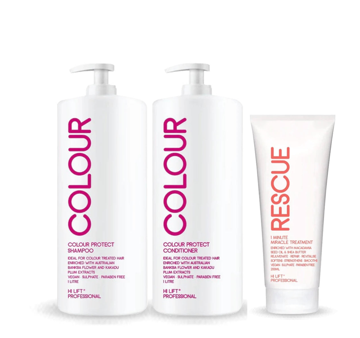Hi-Lift COLOUR Protect Shampoo & Conditioner & RESCUE Treatment Trio Pack 2x1L + 200ml - AtsiHairSupplies
